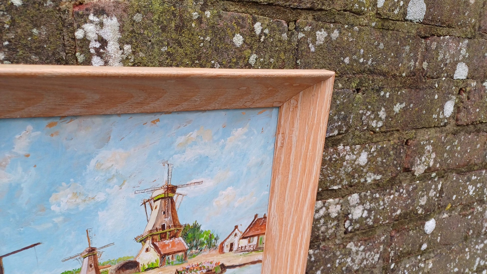 Bright and Cheerful Tulip Fields and Windmills - vintage original oil painting in a light wood frame 37cm x 48cm