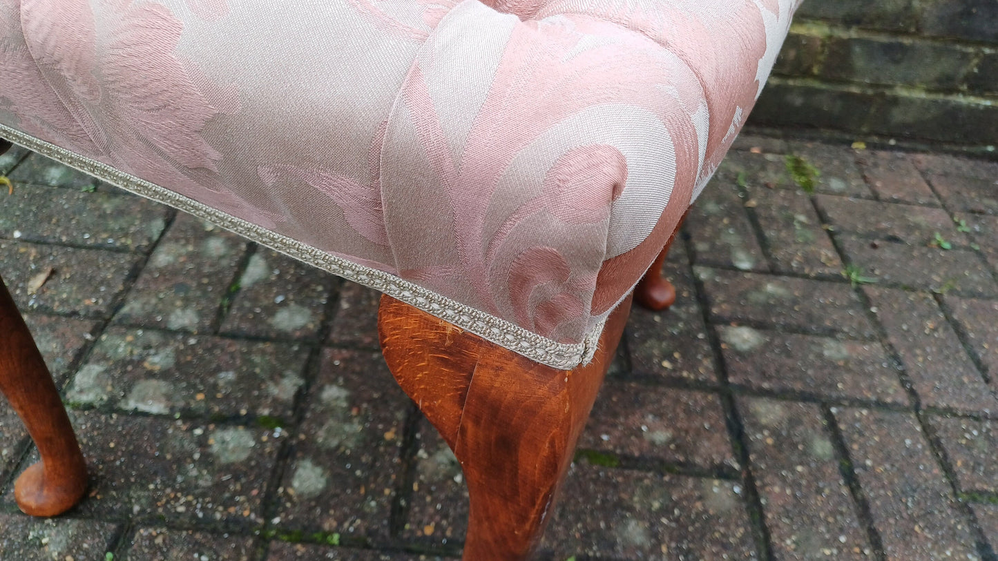 Vintage Upholstered Dressing Table or Piano Stoll Upholstered in Pink Fabric Cabriole Legs.