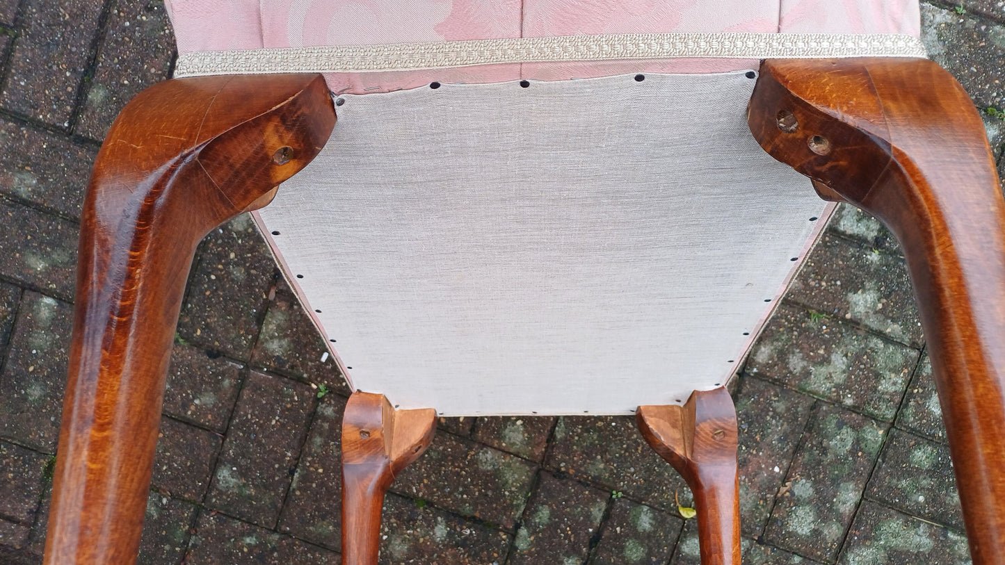 Vintage Upholstered Dressing Table or Piano Stoll Upholstered in Pink Fabric Cabriole Legs.
