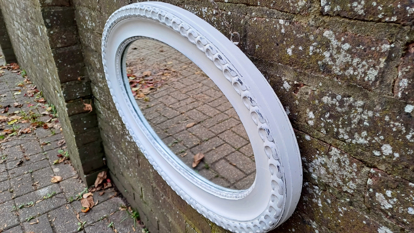 Vintage Painted Ornate Oval Wall Mirror in Farrow and Ball Wimborne White.