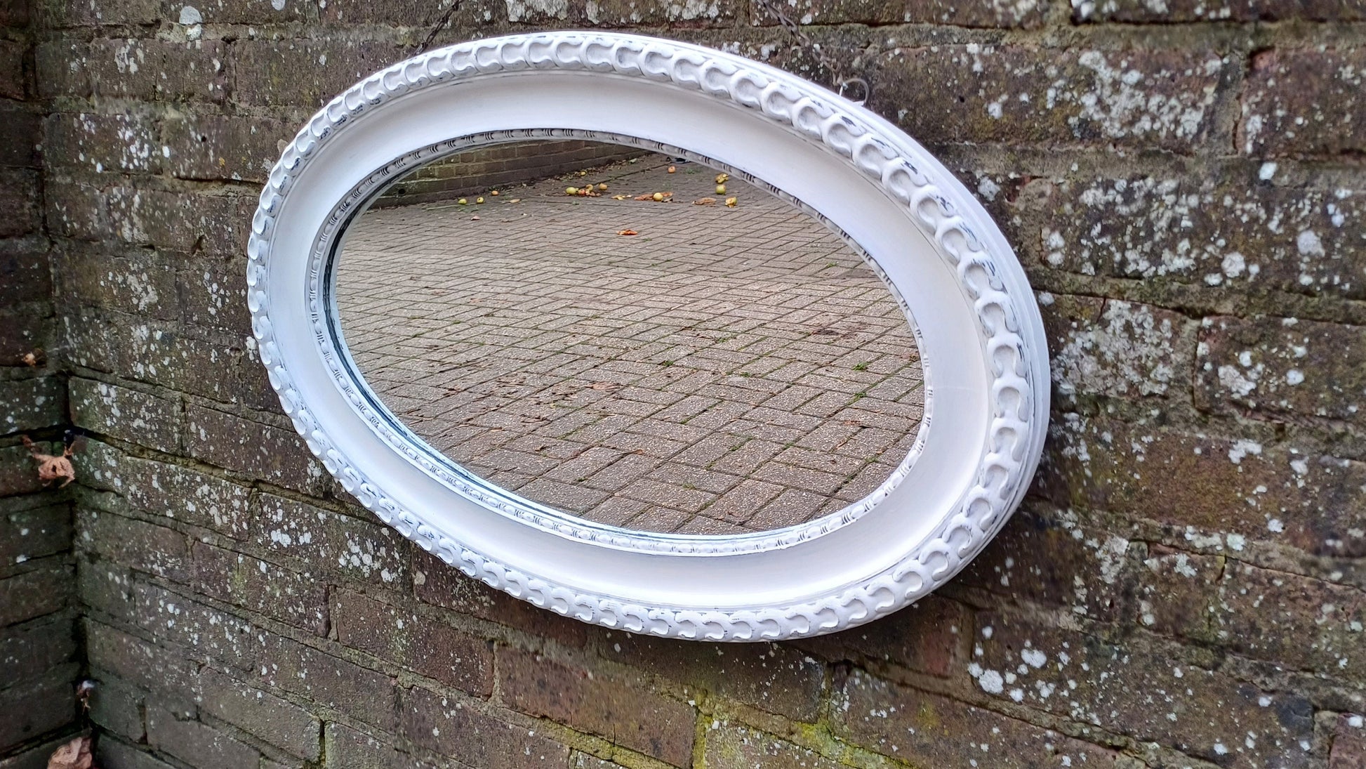 Vintage Painted Ornate Oval Wall Mirror in Farrow and Ball Wimborne White.