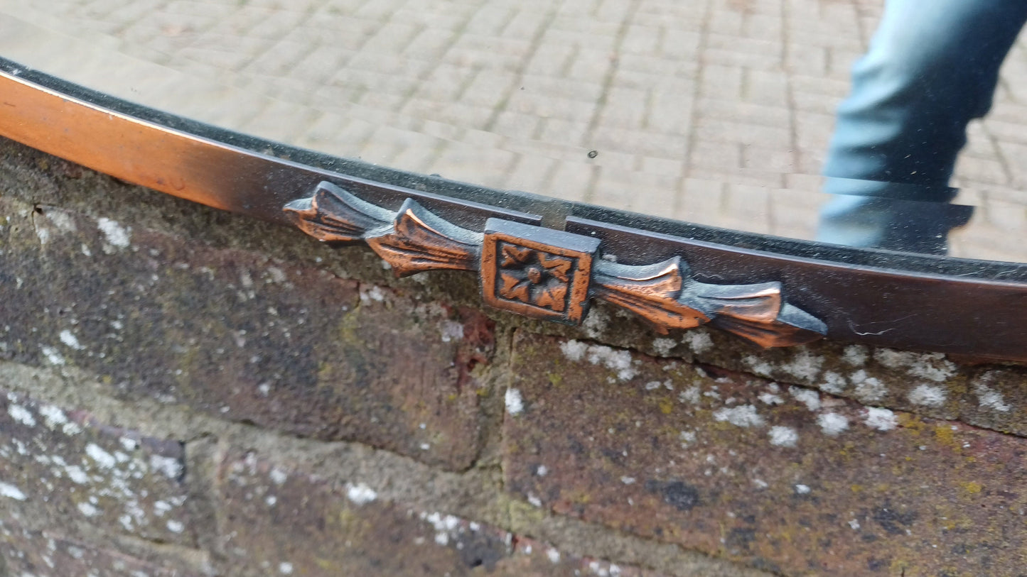 Vintage Metal Copper Oval Mirror Ribbon Decoration Early 20th Century.