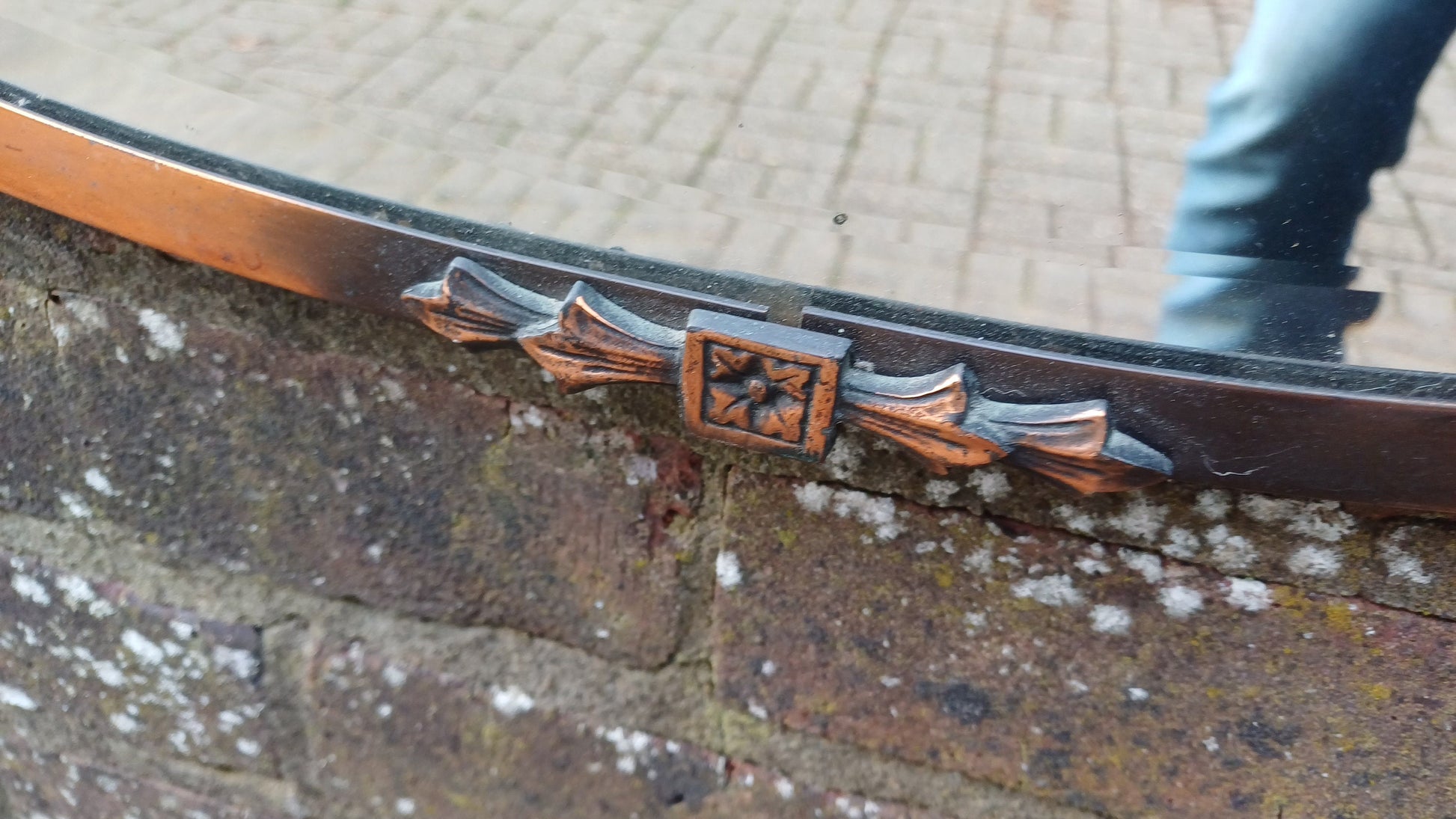 Vintage Metal Copper Oval Mirror Ribbon Decoration Early 20th Century.