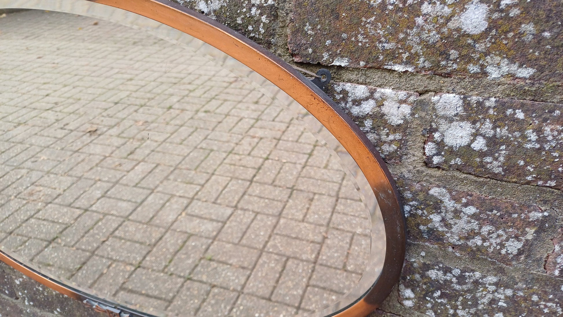 Vintage Metal Copper Oval Mirror Ribbon Decoration Early 20th Century.