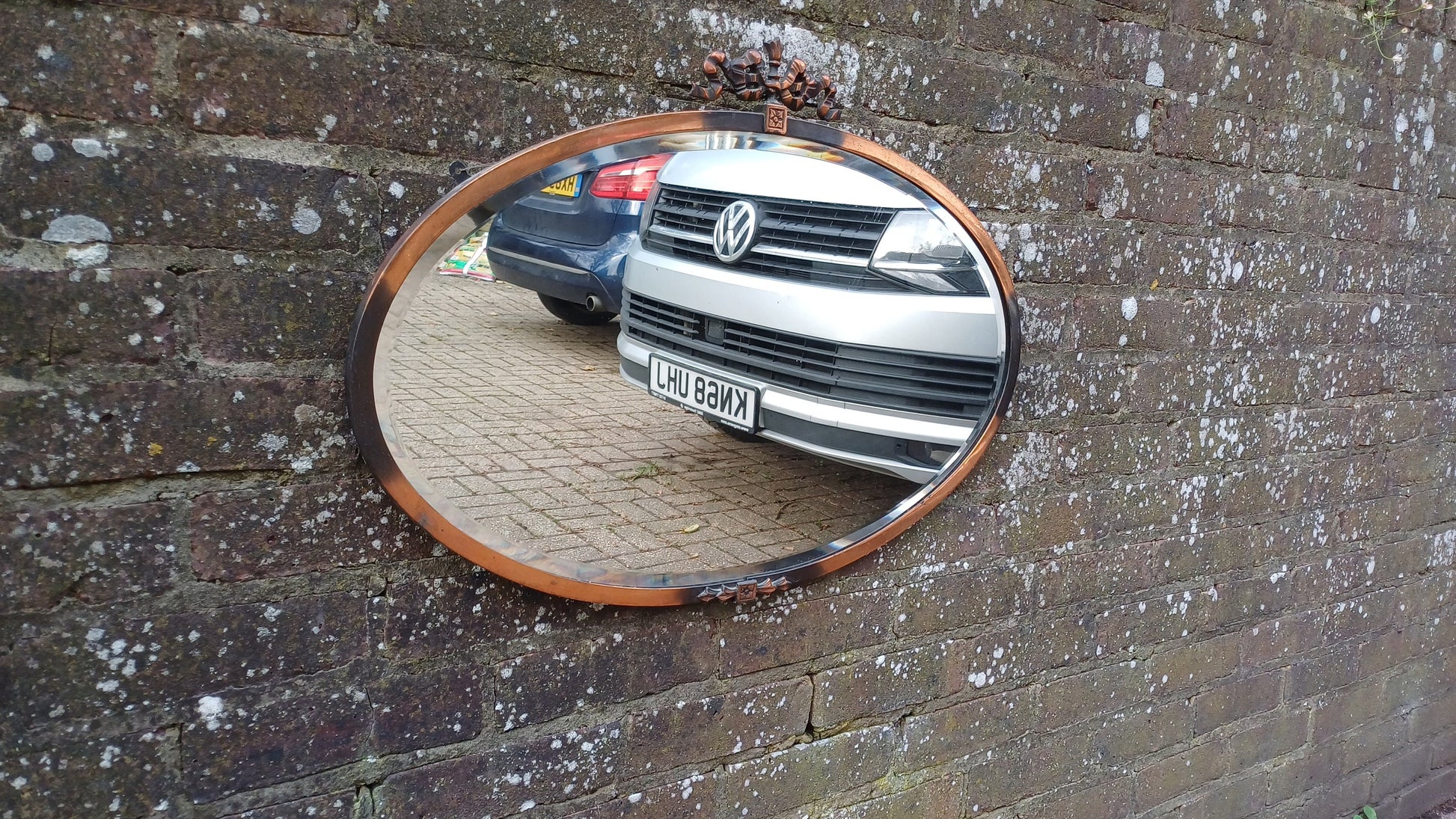 Vintage Metal Copper Oval Mirror Ribbon Decoration Early 20th Century.