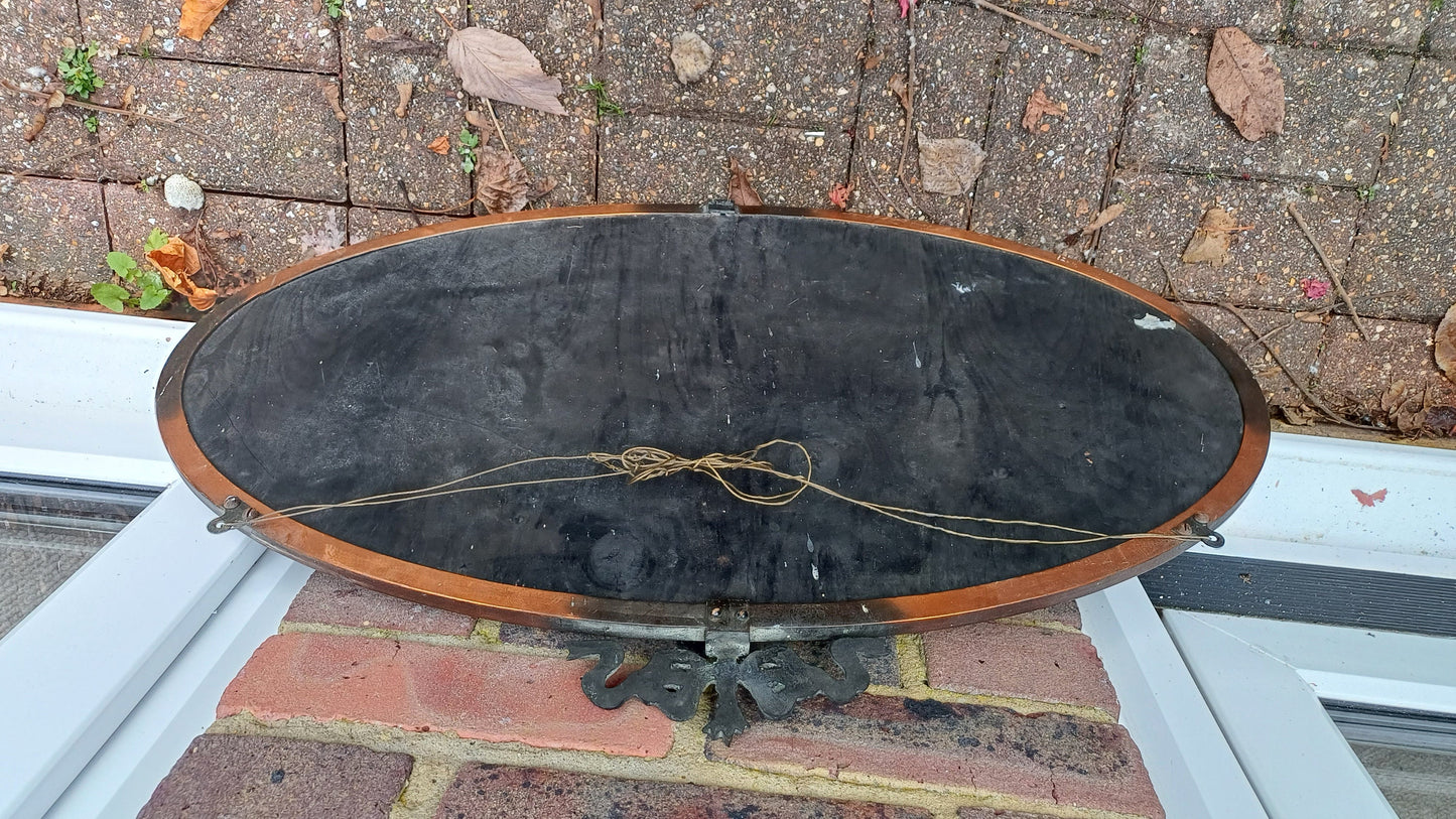Vintage Metal Copper Oval Mirror Ribbon Decoration Early 20th Century.