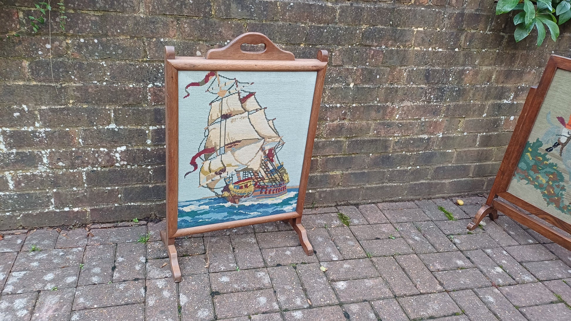 Vintage Tapestry Oak Fire Screen Galleon Glazed