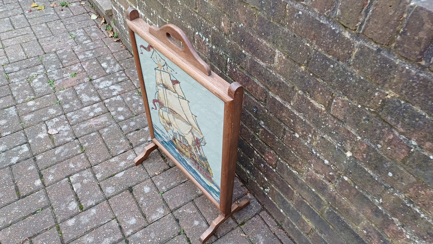 Vintage Tapestry Oak Fire Screen Galleon Glazed