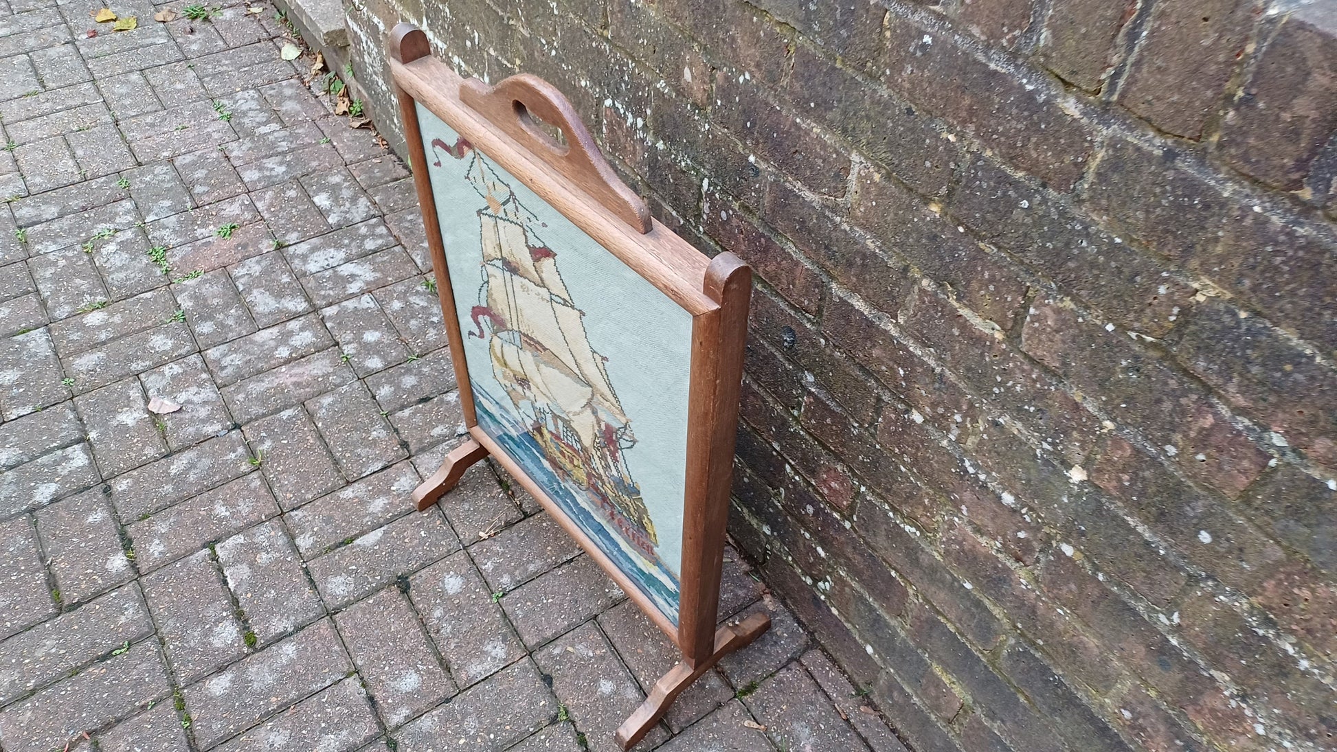 Vintage Tapestry Oak Fire Screen Galleon Glazed