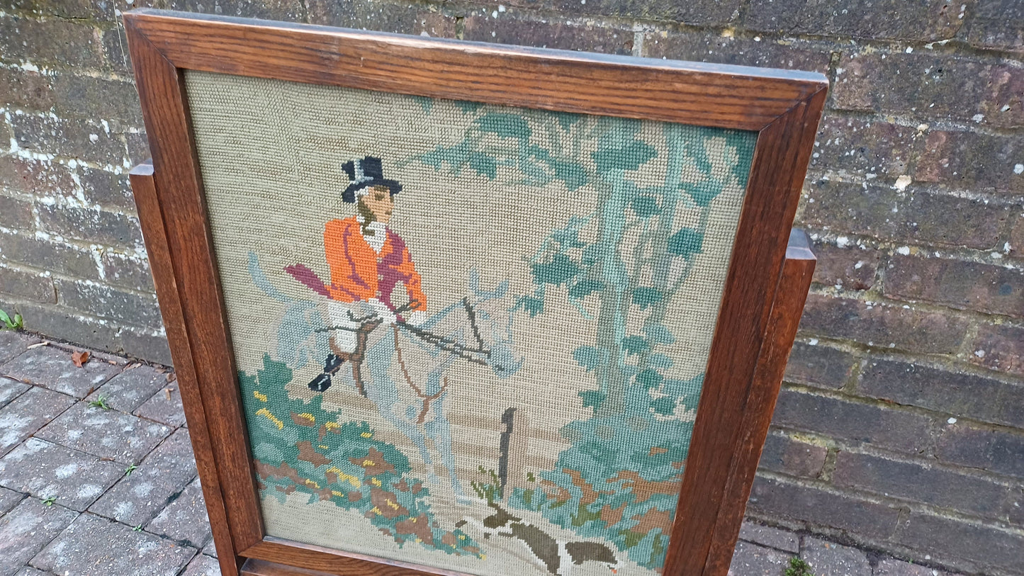 Vintage Tapestry Oak Fire Screen Fox Hunter Hunting