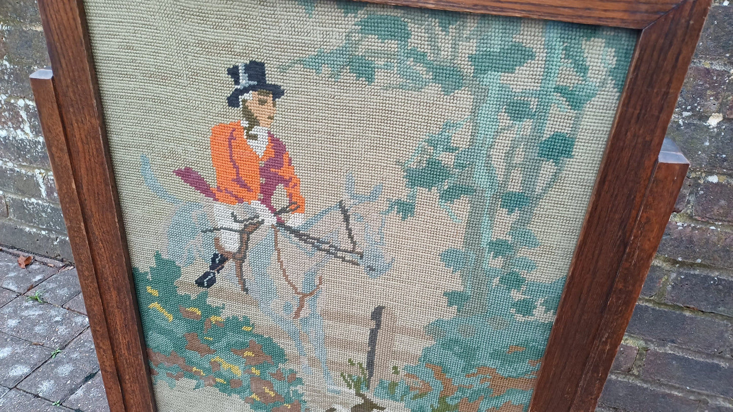 Vintage Tapestry Oak Fire Screen Fox Hunter Hunting