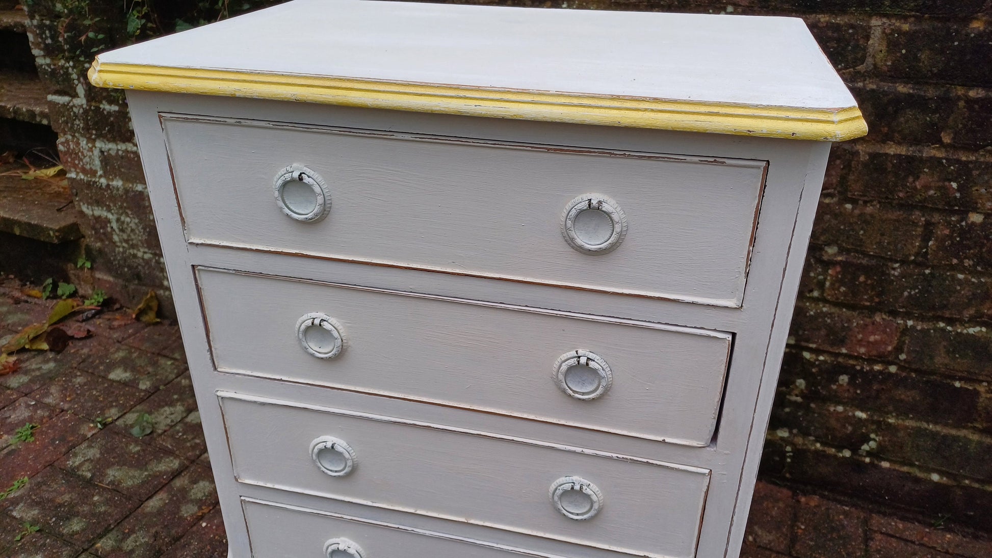 Vintage Painted Bedside or Occasional Chest of Drawers Table in Farrow and Ball White Gold Highlights.