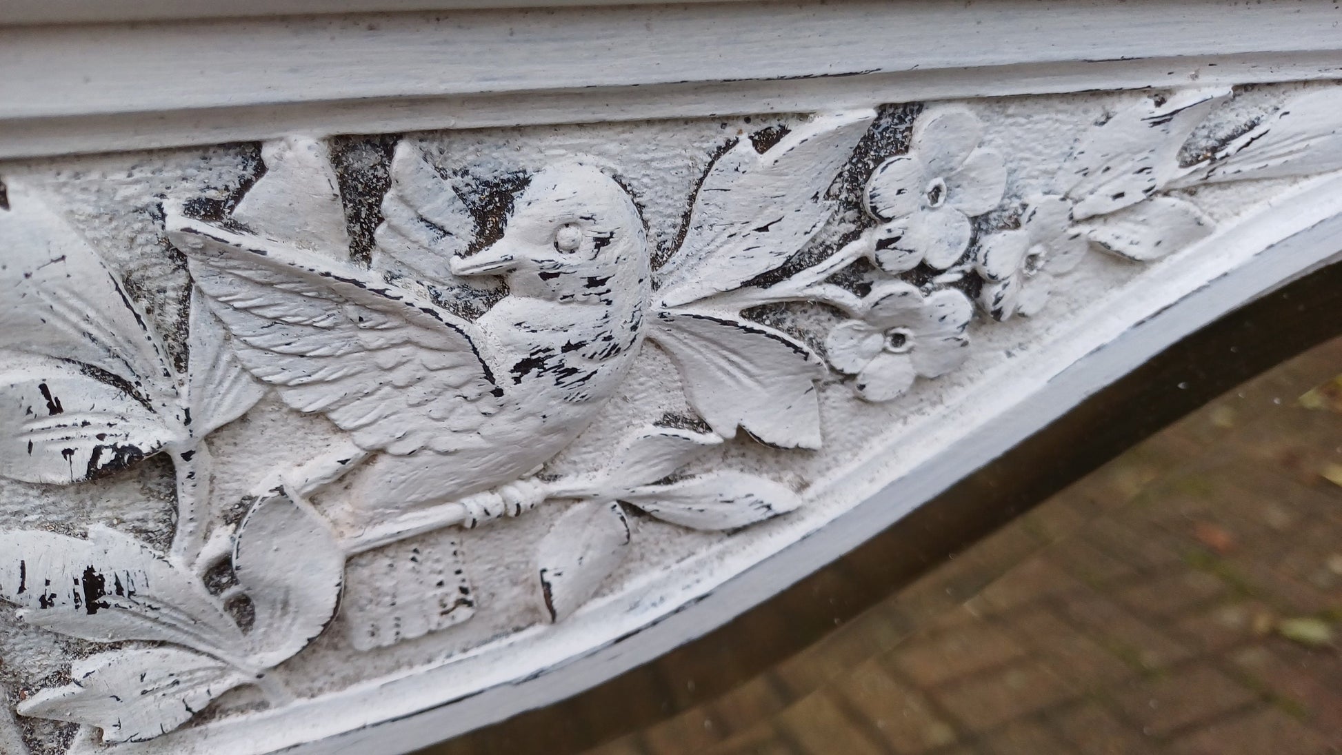 Charming Large Vintage Painted Shabby Chic Walnut Mirror Carved Bird Motif.