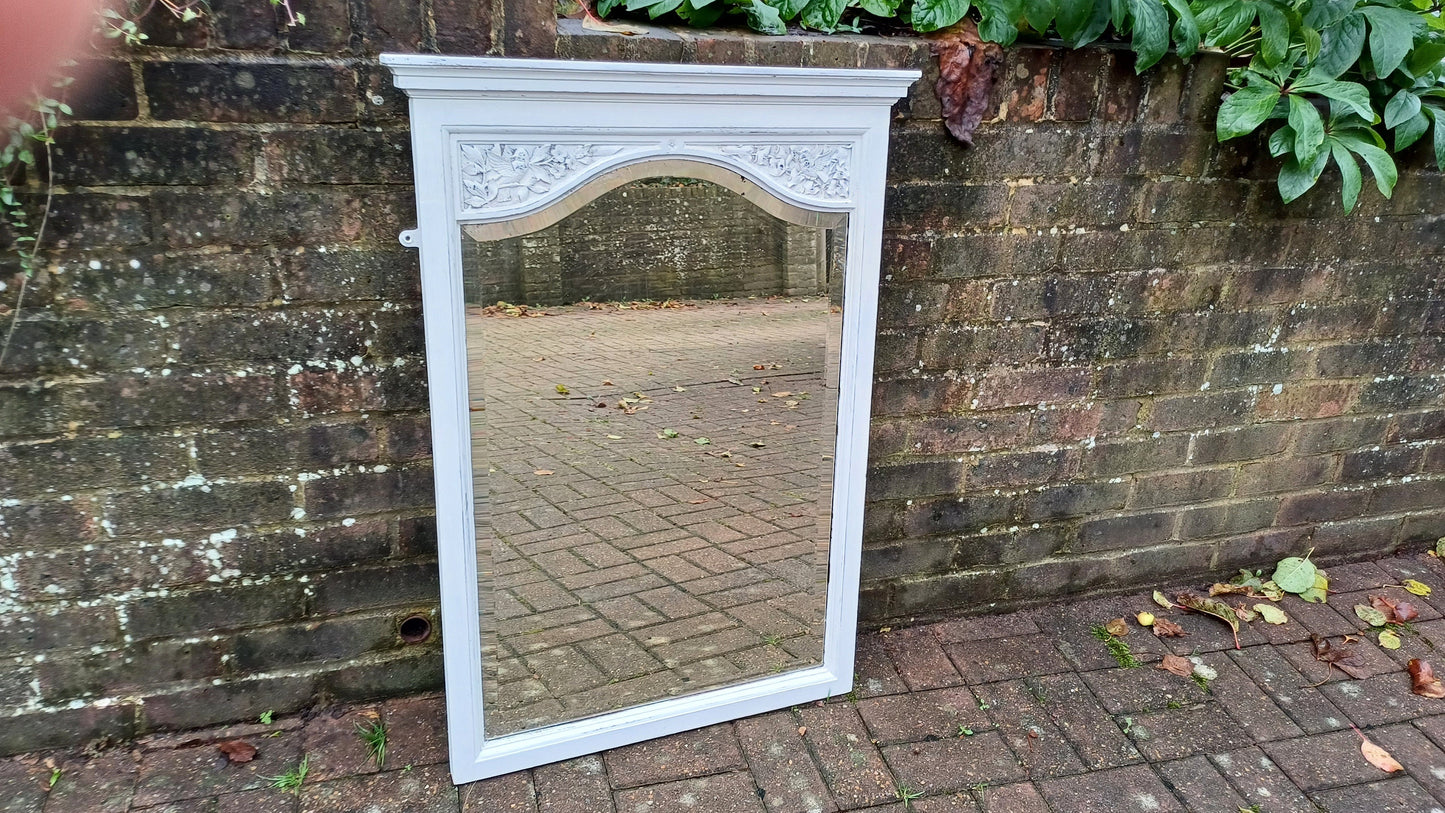 Charming Large Vintage Painted Shabby Chic Walnut Mirror Carved Bird Motif.