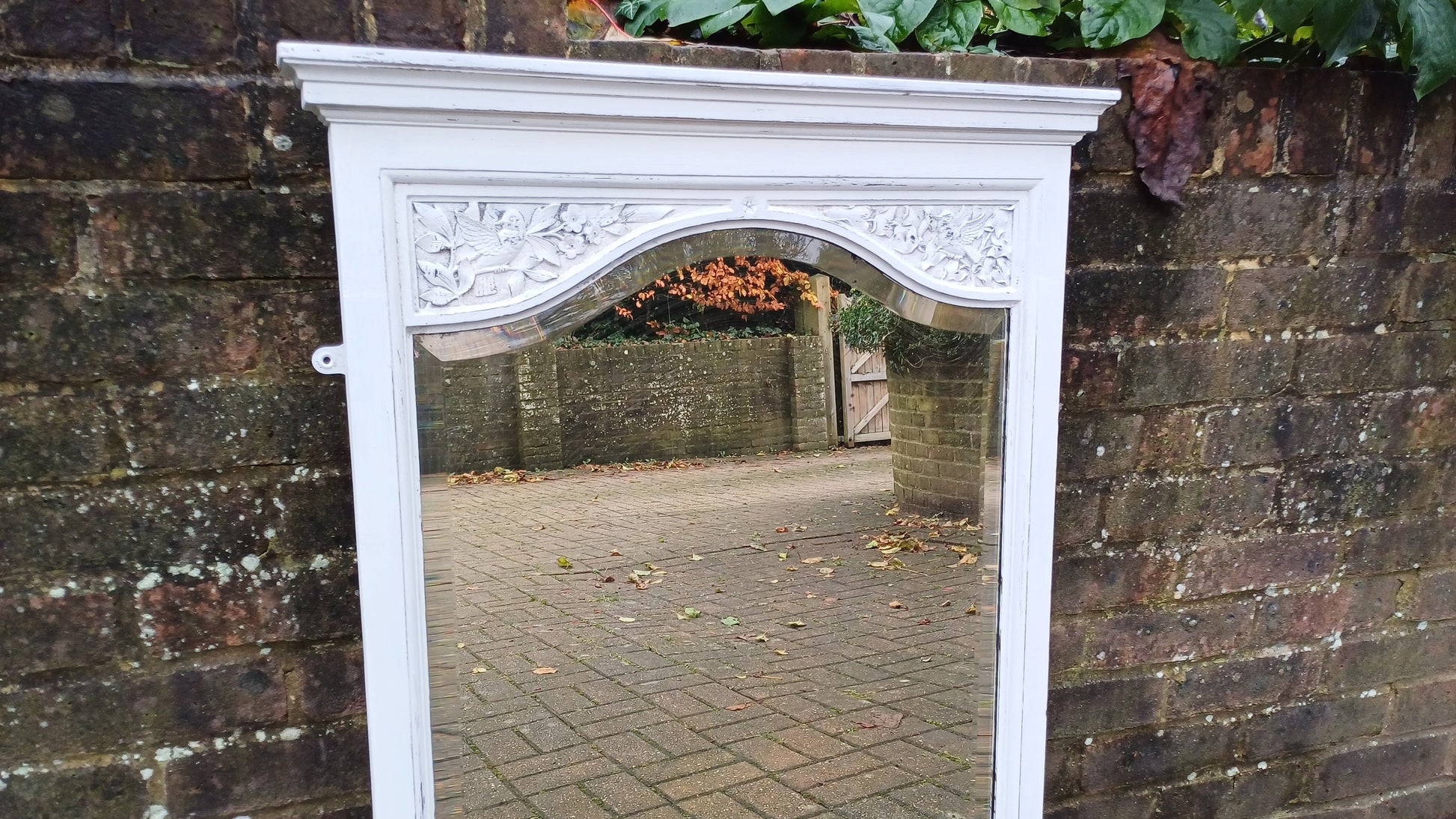 Charming Large Vintage Painted Shabby Chic Walnut Mirror Carved Bird Motif.
