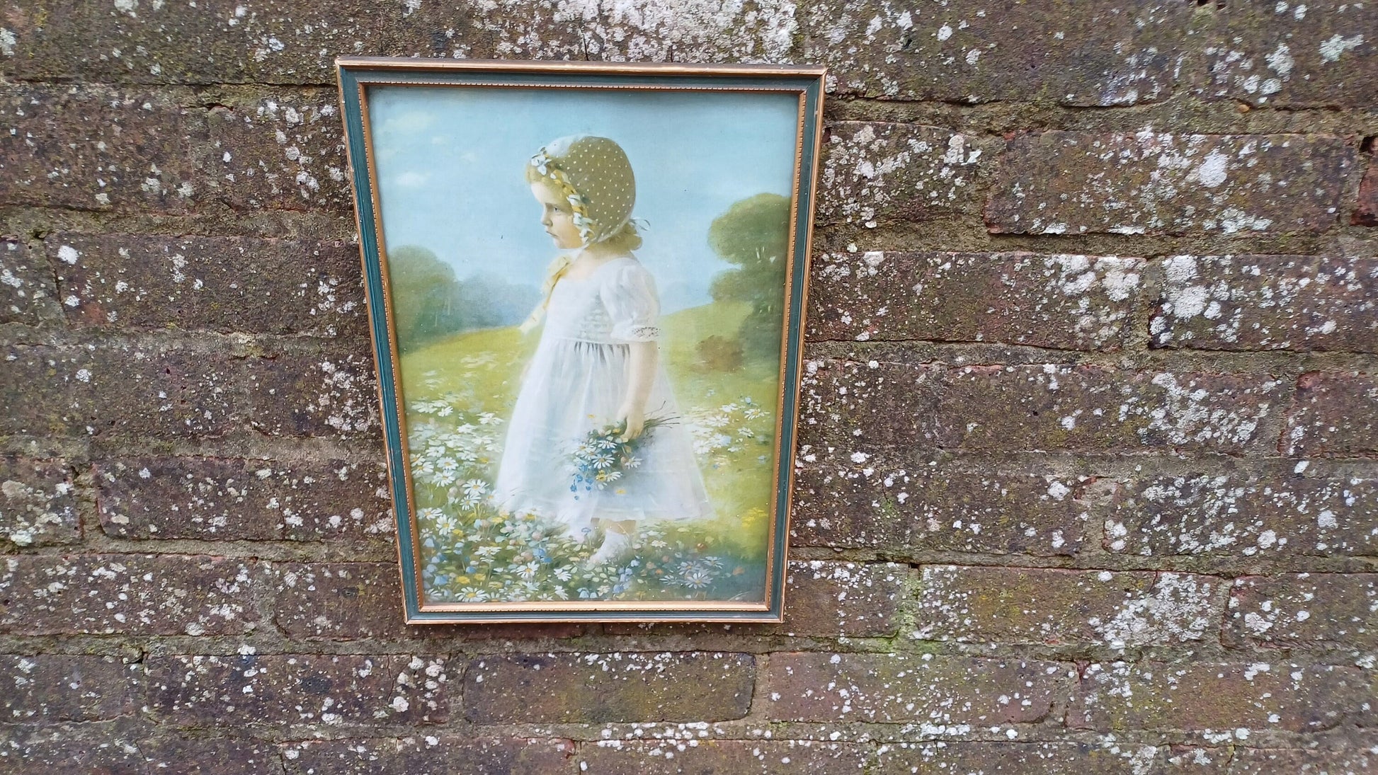 Summer Child in Meadow full of Daisies - print (Victorian) of girl in a bonnet in a meadow, child's bedroom, baby nursery - 26cm x 37cm