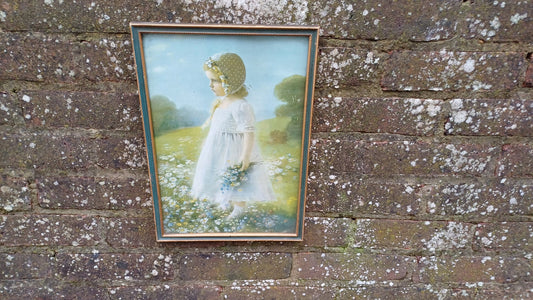 Summer Child in Meadow full of Daisies - print (Victorian) of girl in a bonnet in a meadow, child's bedroom, baby nursery - 26cm x 37cm