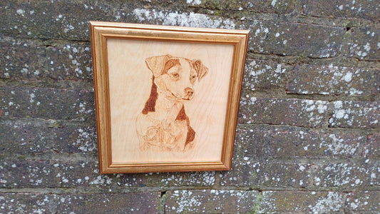 Beloved Jack Russell Dog Portrait Vintage Wood Etching / Carving - 27cm x 30cm