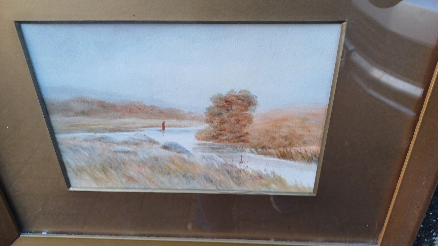 Original Landscape and Boat Serene Watercolour - Vintage - GLazed Framed (39cm x 32cm)
