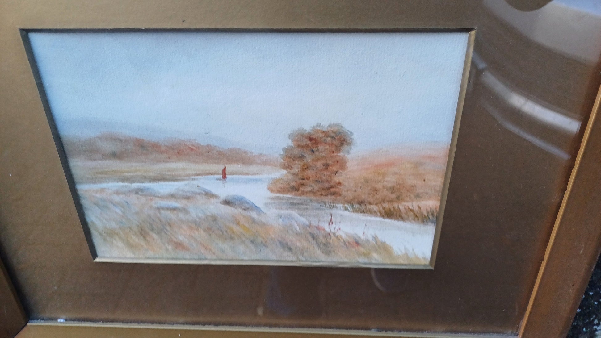 Original Landscape and Boat Serene Watercolour - Vintage - GLazed Framed (39cm x 32cm)