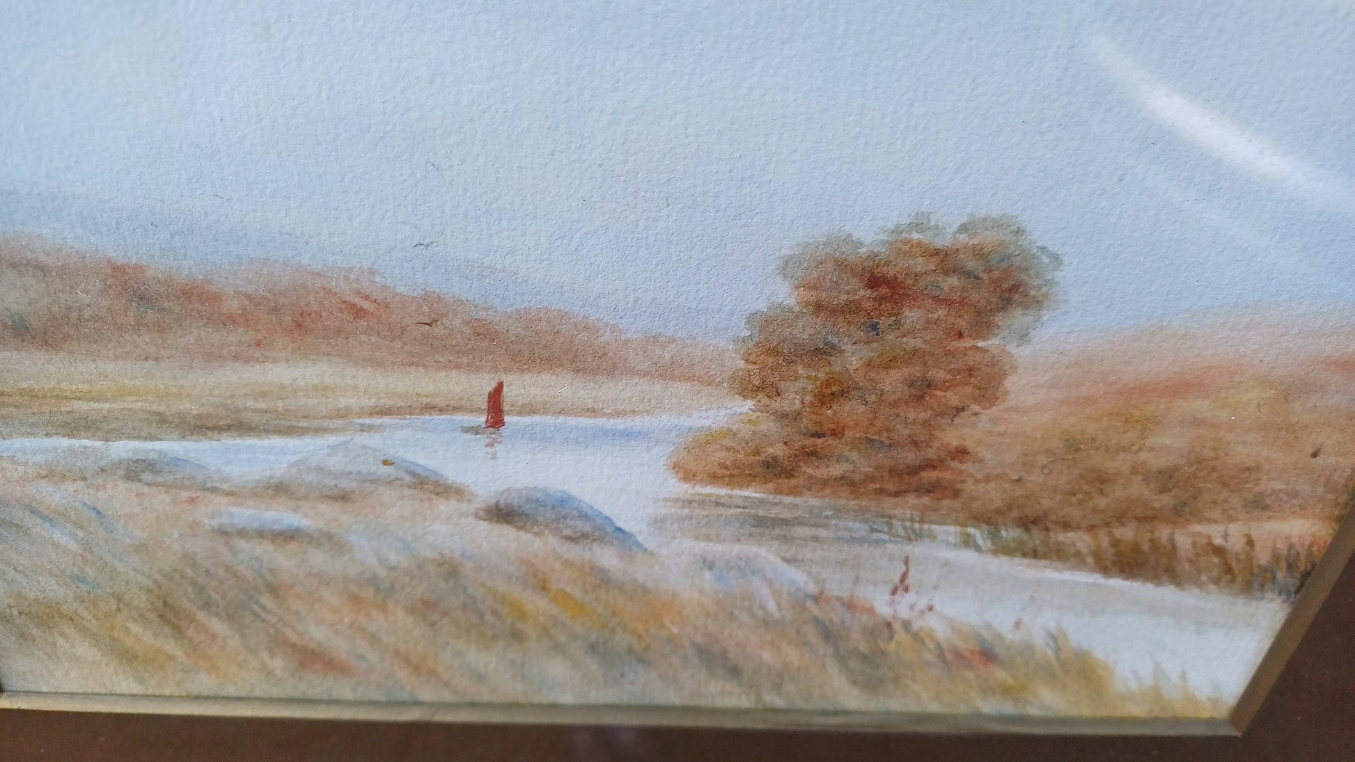 Original Landscape and Boat Serene Watercolour - Vintage - GLazed Framed (39cm x 32cm)