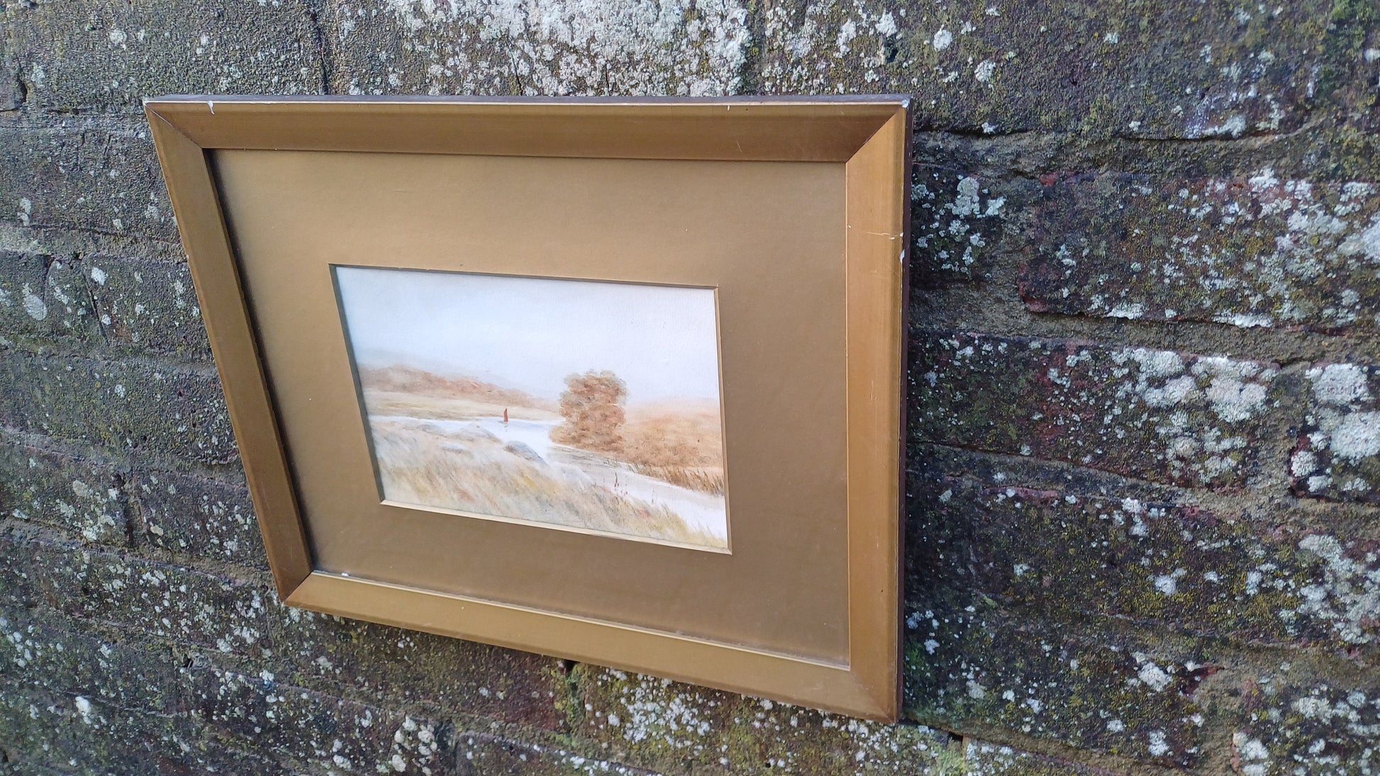 Original Landscape and Boat Serene Watercolour - Vintage - GLazed Framed (39cm x 32cm)