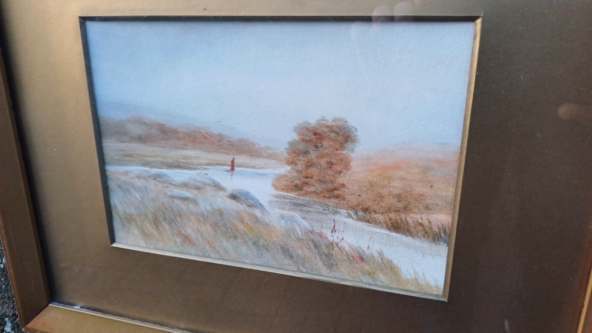 Original Landscape and Boat Serene Watercolour - Vintage - GLazed Framed (39cm x 32cm)