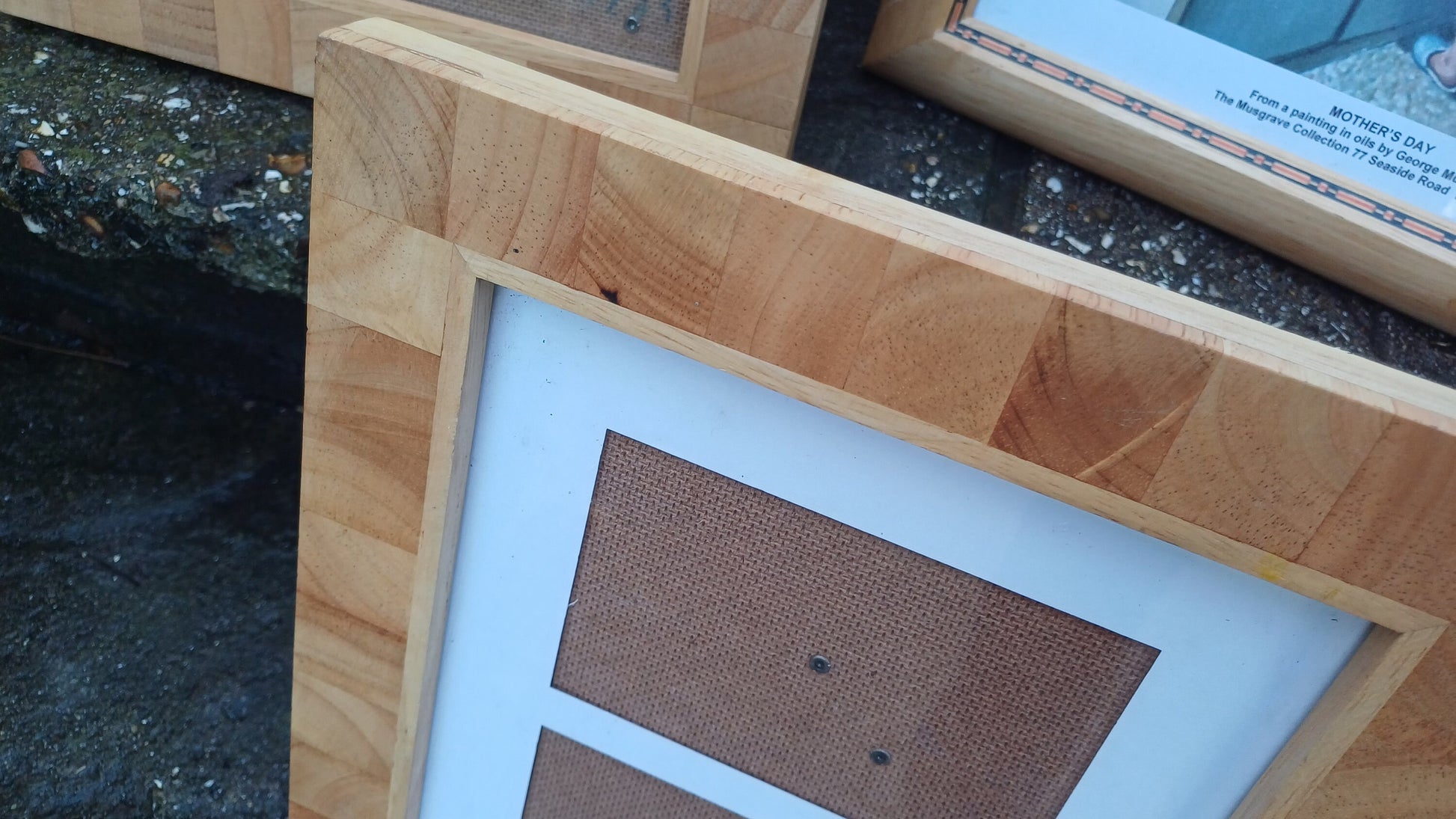 3 good sized photo picture frames made from pine - glazed, two matching, 3rd interesting finish & print from George Musgrave "Mothers Day"
