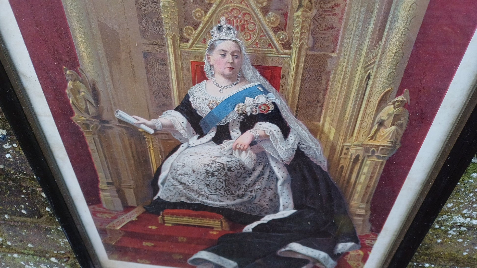 Antique Print of Queen Victoria Empress of India in original vintage black wooden frame ( T R Casselden)- large 40cm x 54cm