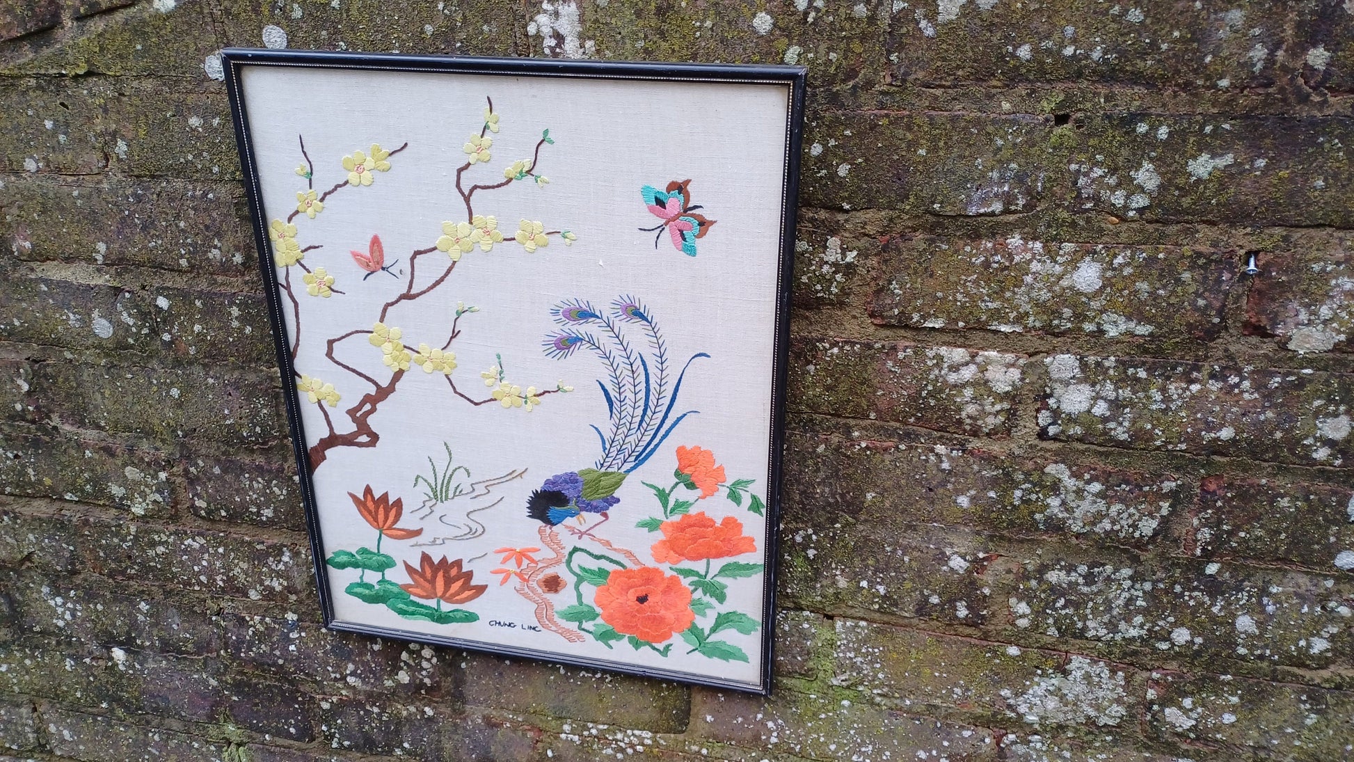 Vintage Chinese Oriental Needlework Embroidery Needlepoint of peacock, blossoms, butterflies and flowers - beautifully done (47cm x 38cm)