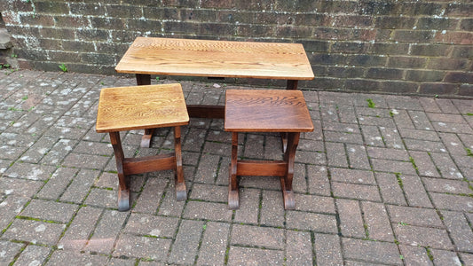 Set of Three Nesting Solid Oak Coffee Side Occasional Tables.