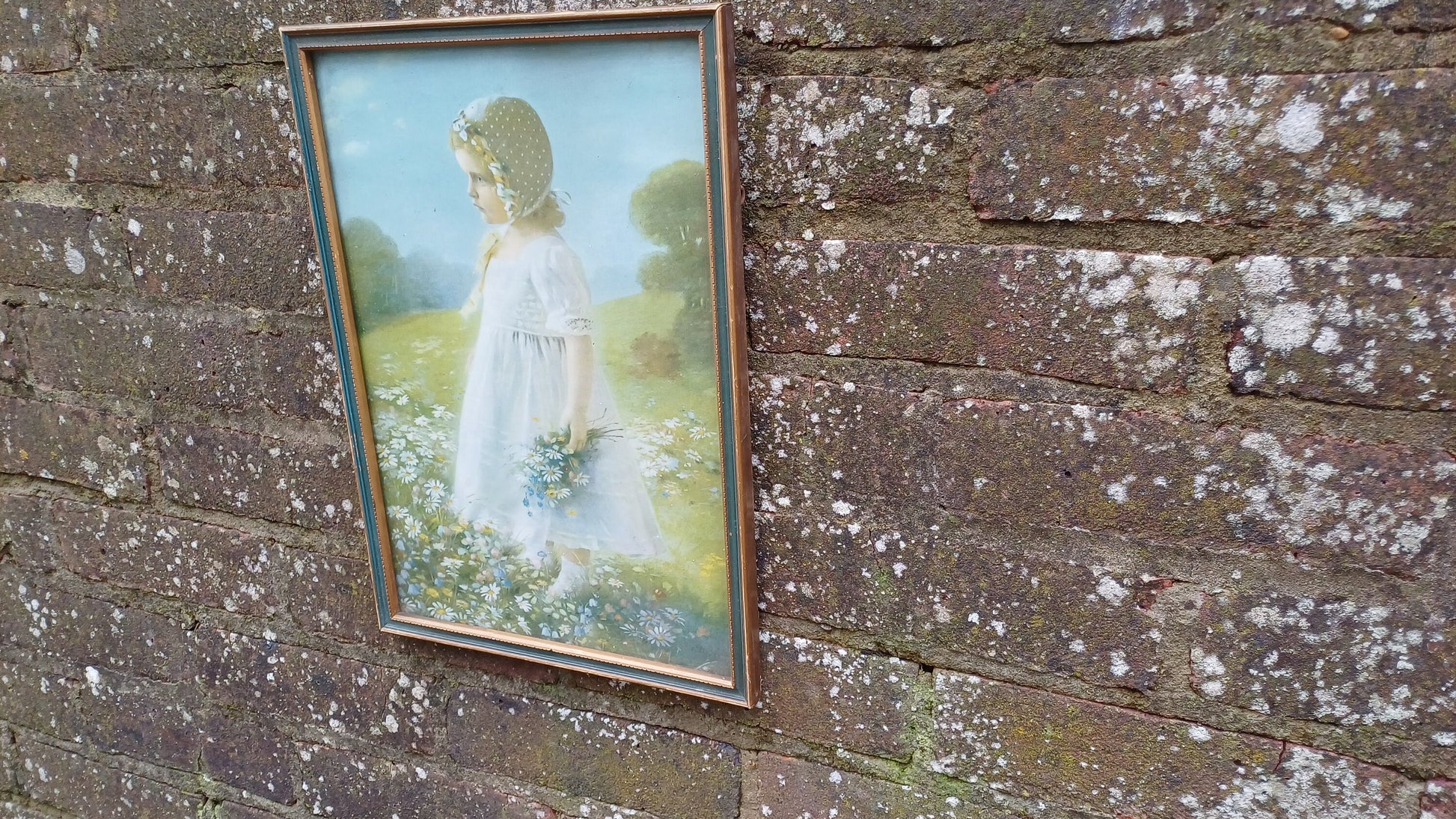Summer Child in Meadow full of Daisies - print (Victorian) of girl in a bonnet in a meadow, child's bedroom, baby nursery - 26cm x 37cm
