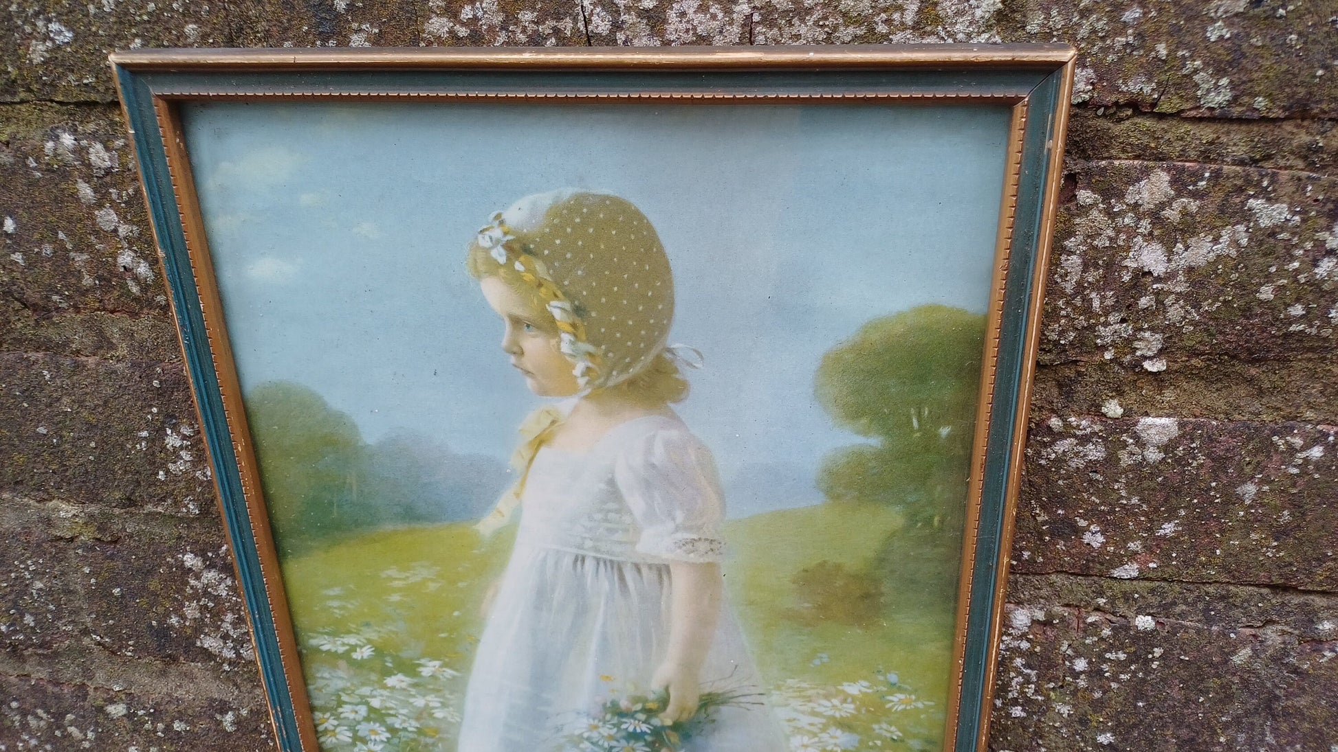 Summer Child in Meadow full of Daisies - print (Victorian) of girl in a bonnet in a meadow, child's bedroom, baby nursery - 26cm x 37cm