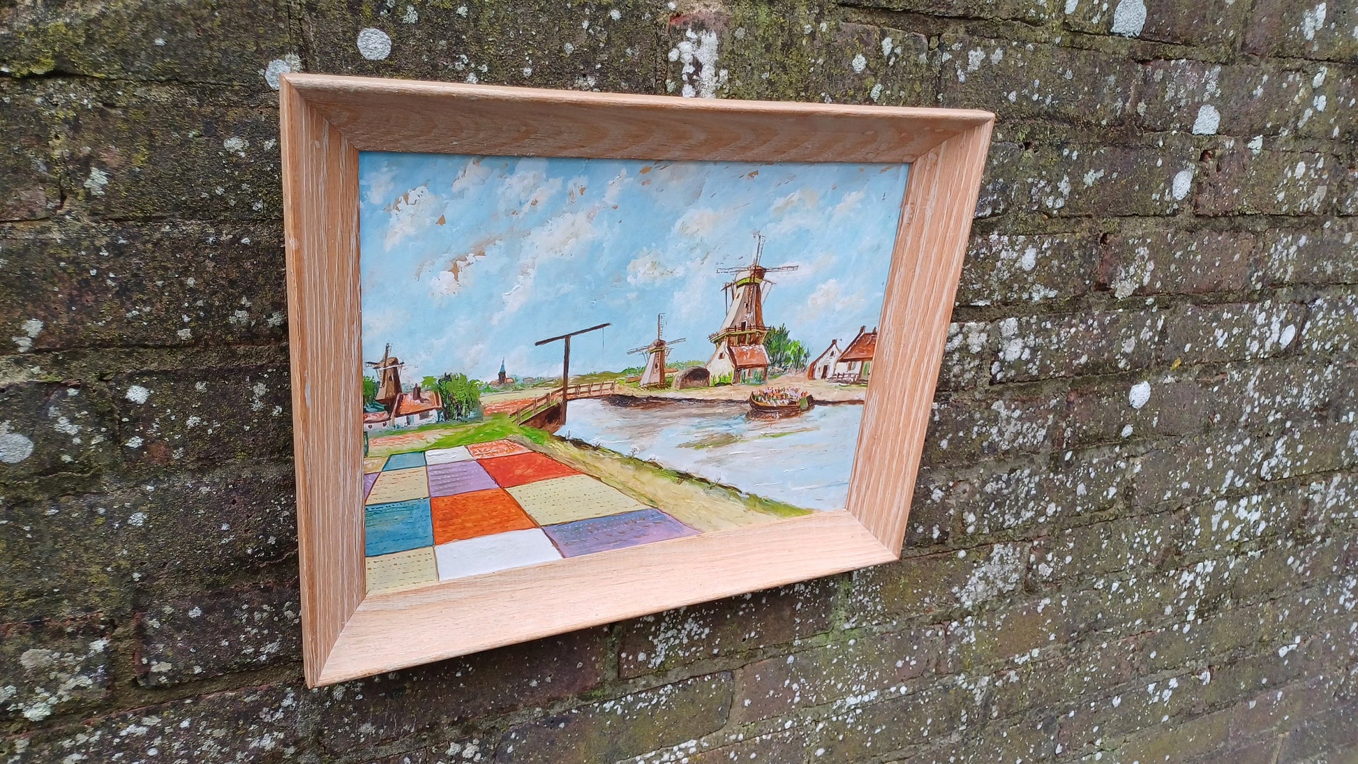 Bright and Cheerful Tulip Fields and Windmills - vintage original oil painting in a light wood frame 37cm x 48cm