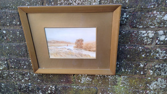 Original Landscape and Boat Serene Watercolour - Vintage - GLazed Framed (39cm x 32cm)
