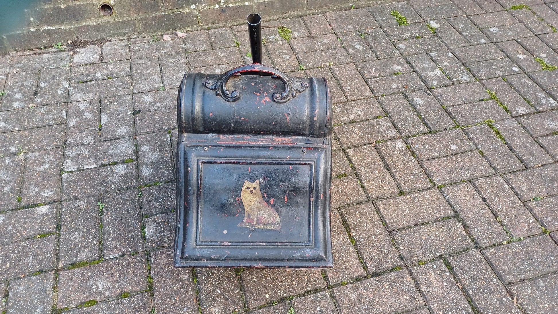 Stunning Painted Black Late Victorian Central European Coal Scuttle Dog Motif with Shovel