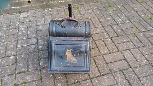 Stunning Painted Black Late Victorian Central European Coal Scuttle Dog Motif with Shovel