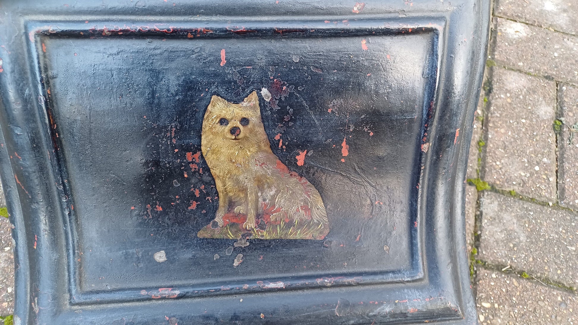 Stunning Painted Black Late Victorian Central European Coal Scuttle Dog Motif with Shovel