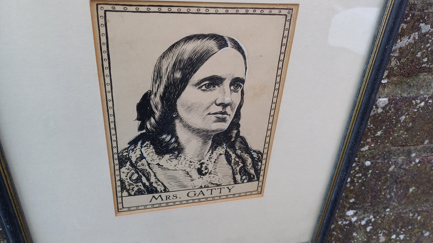 Vintage Print (or original?) Ink Drawing of Mrs Gatty/Margaret Gatty - Victorian children's author and marine scientist, framed in Sussex