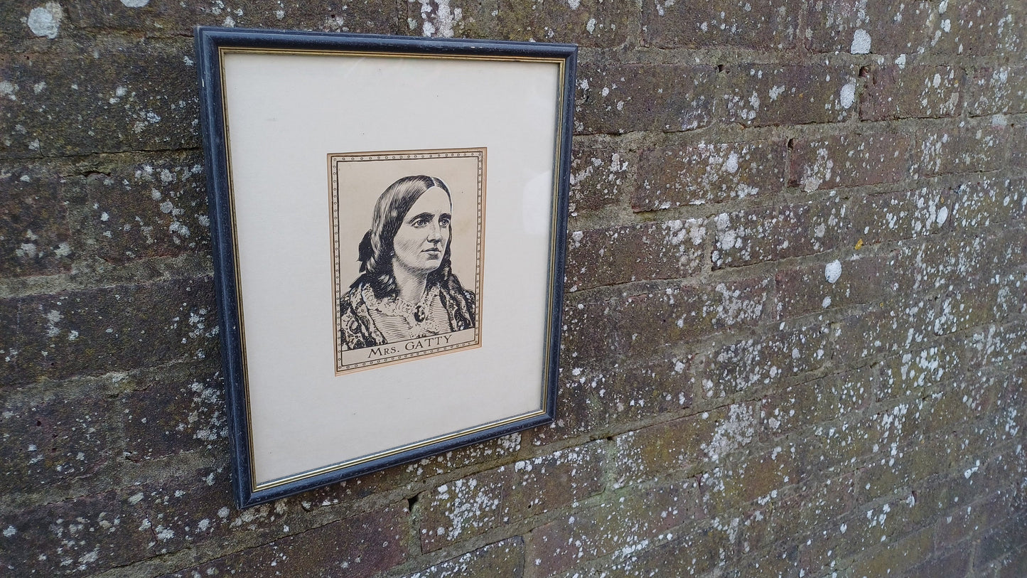 Vintage Print (or original?) Ink Drawing of Mrs Gatty/Margaret Gatty - Victorian children's author and marine scientist, framed in Sussex