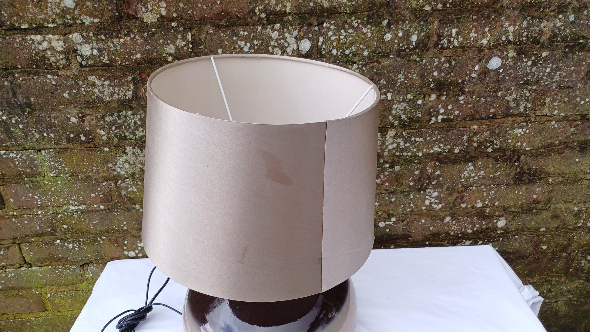 Statement Lamp and Shade - 1990s browns, golds, beiges - Maison label 48cm tall including shade, 36cm wide)