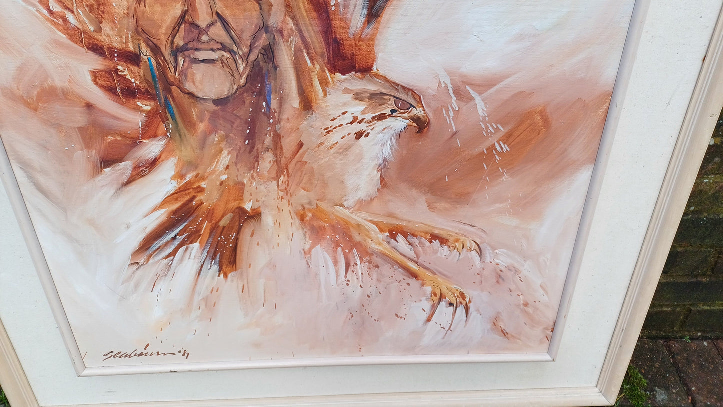 Huge Statement Piece Vintage 1987 Oil Acrylic Native American Nestled Within the Wings of an Eagle Myths and Legends