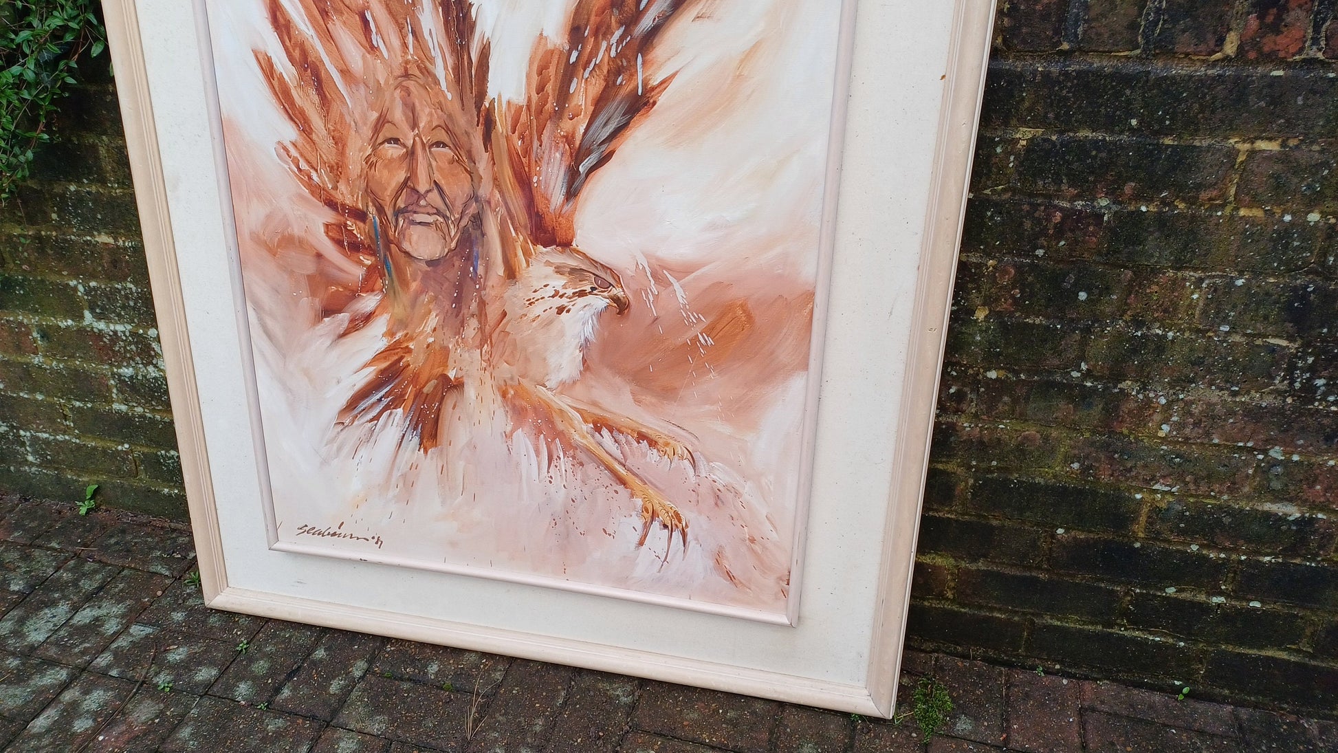 Huge Statement Piece Vintage 1987 Oil Acrylic Native American Nestled Within the Wings of an Eagle Myths and Legends