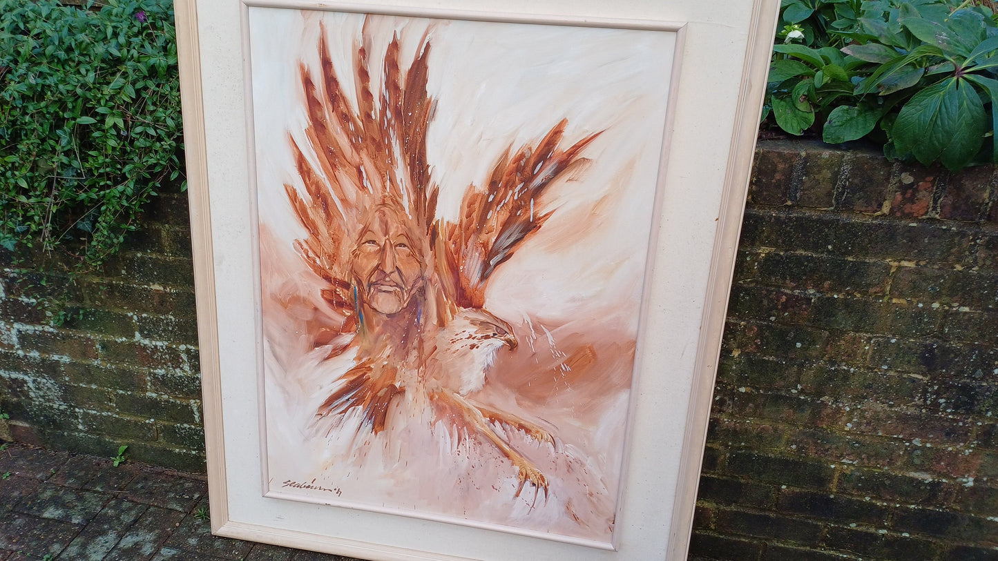 Huge Statement Piece Vintage 1987 Oil Acrylic Native American Nestled Within the Wings of an Eagle Myths and Legends
