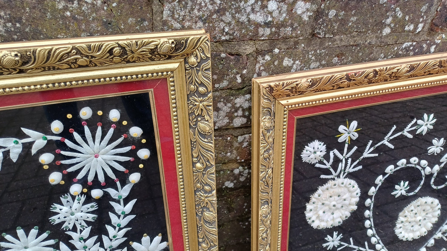 Superb Rare and Quirky Large Pair Possibly Indian Asian Peacock Bird of Paradise and Lover's Craft Fabric Collage in Gold Wooden Frames