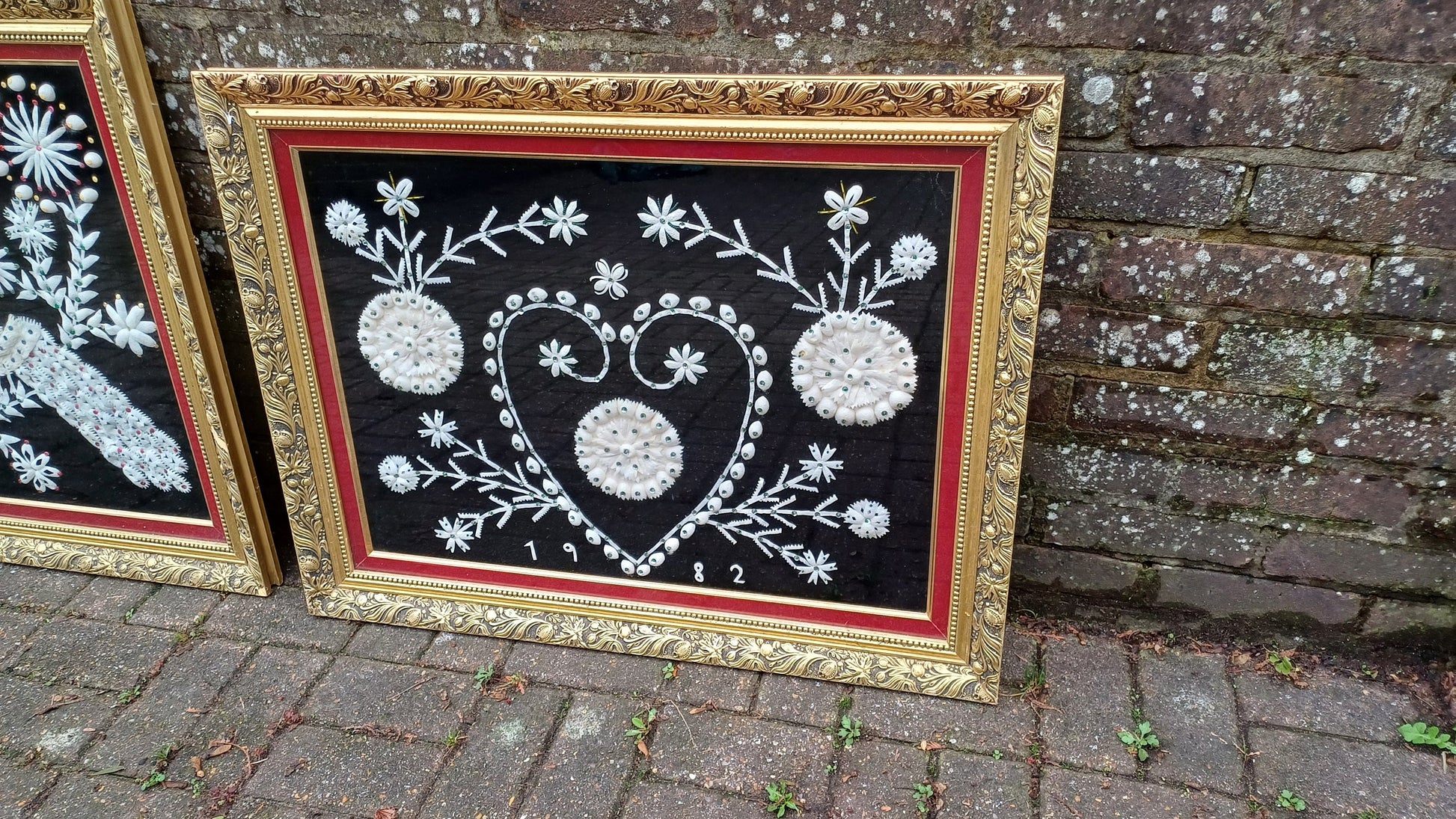Superb Rare and Quirky Large Pair Possibly Indian Asian Peacock Bird of Paradise and Lover's Craft Fabric Collage in Gold Wooden Frames