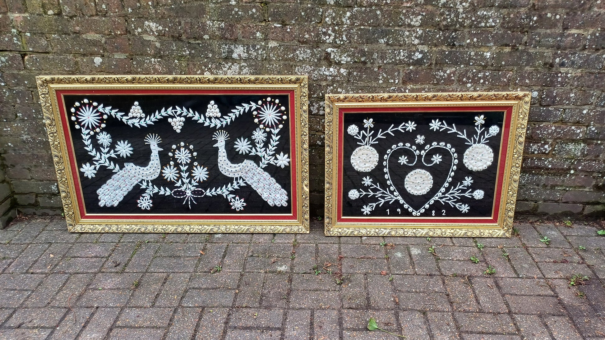 Superb Rare and Quirky Large Pair Possibly Indian Asian Peacock Bird of Paradise and Lover's Craft Fabric Collage in Gold Wooden Frames