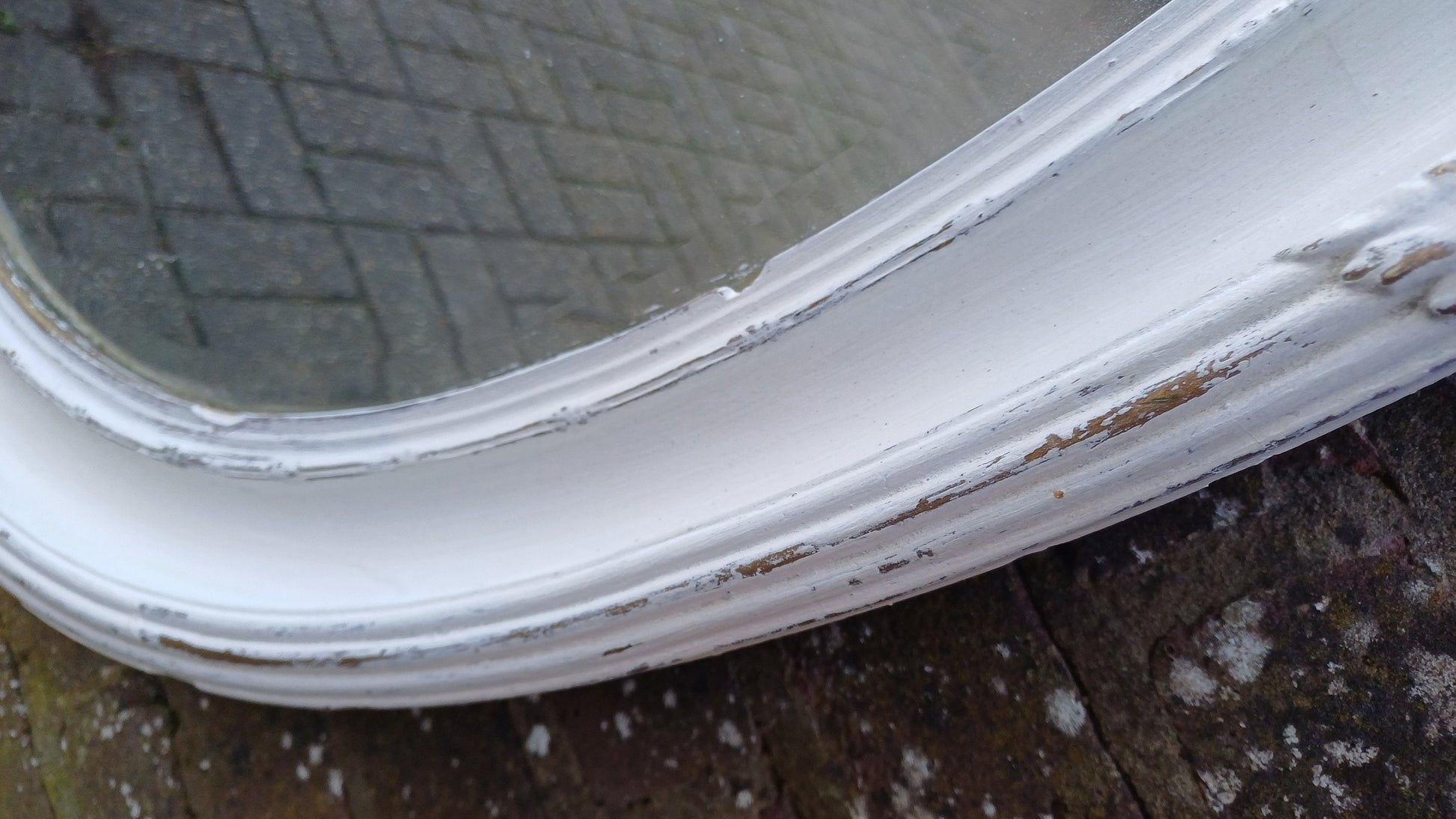 Vintage Unique Painted Shabby Chic Oval Mirror in Farrow and Ball Wimborne White and Gold Highlights