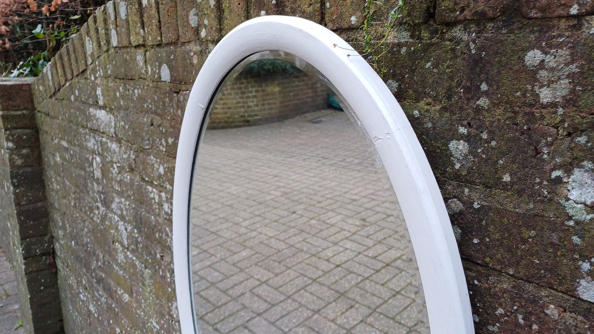 Vintage Large Unique Painted Shabby Chic Oval Mirror in Farrow and Ball Wimborne White 90 x 60 cm