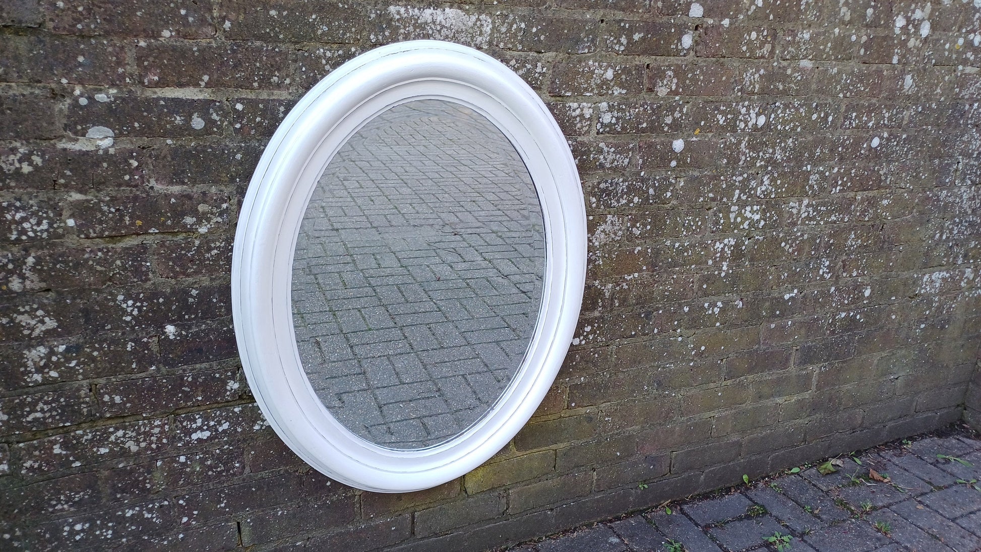 Large Vintage Unique Painted Shabby Chic Oval Mirror in Farrow and Ball Wimborne White 88 x 68 cm